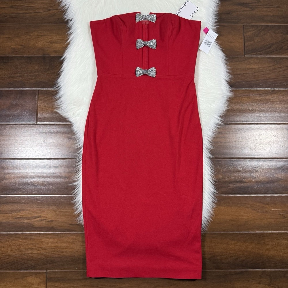 Dress The Population Women's Size Large Red Erica Bow‎ Strapless Dress